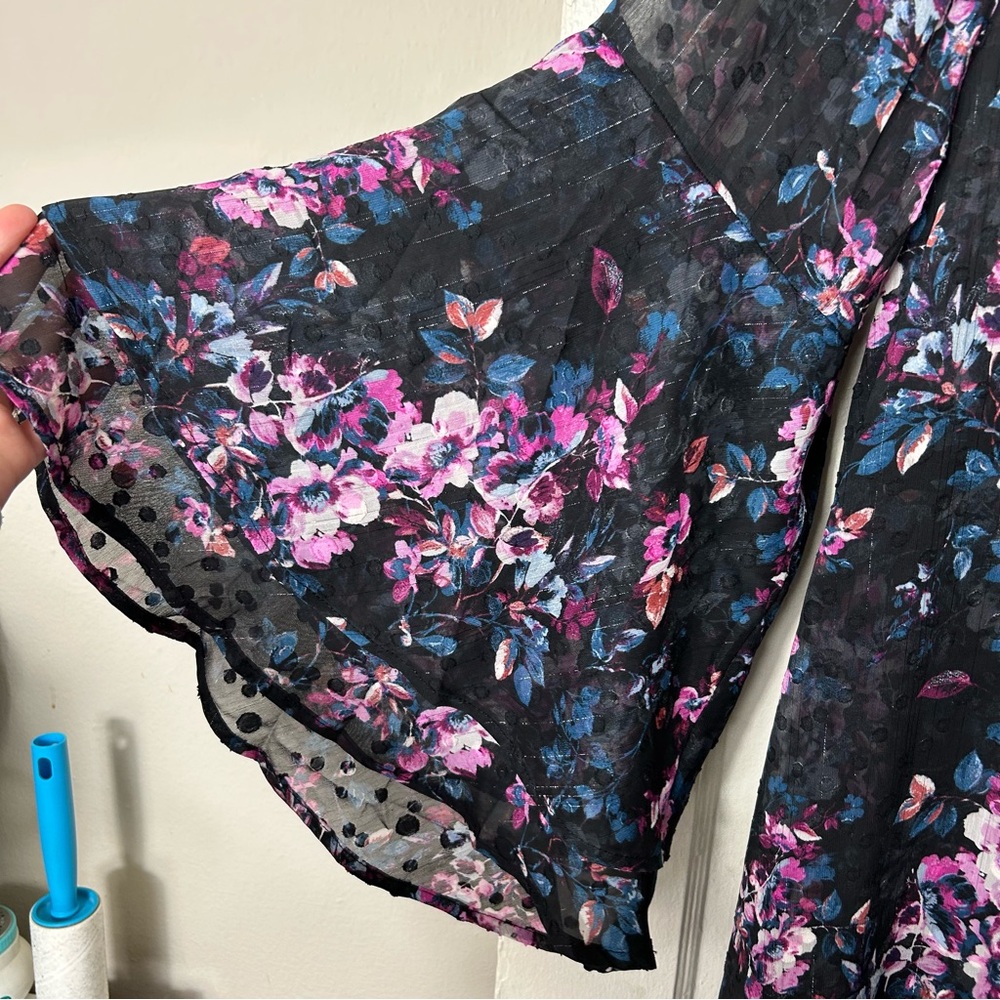 Torrid black floral clip dot long bell sleeve kimono womens 1X NWT - Picture 6 of 11